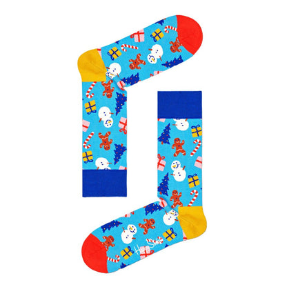 Happy Socks Red Cotton Socks with festive holiday patterns including snowmen, gingerbread men, and gifts in vibrant colors.