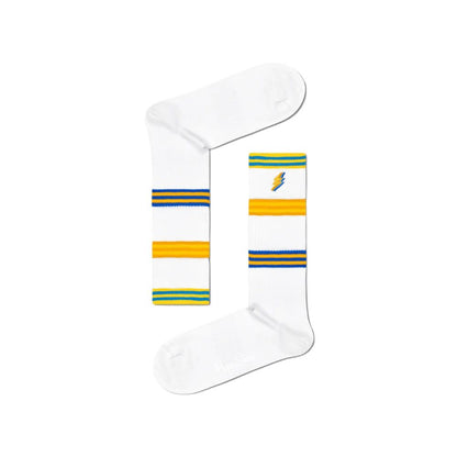 Happy Socks White Cotton Socks with colorful striped design and ribbed texture for comfort and style.