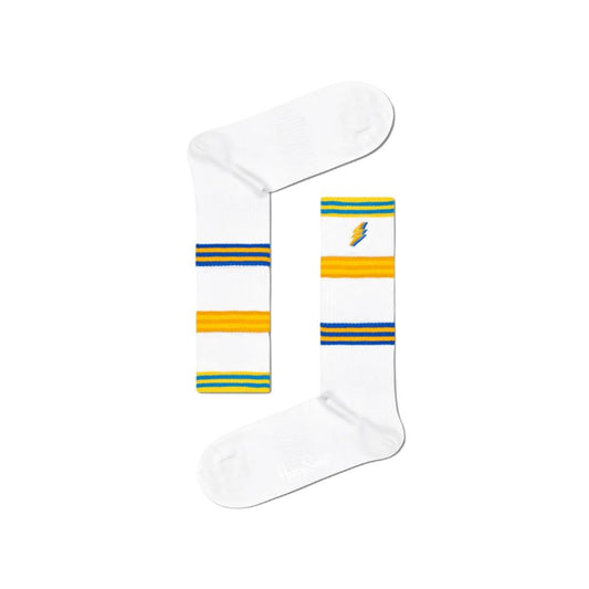 Happy Socks White Cotton Socks with colorful striped design and ribbed texture for comfort and style.