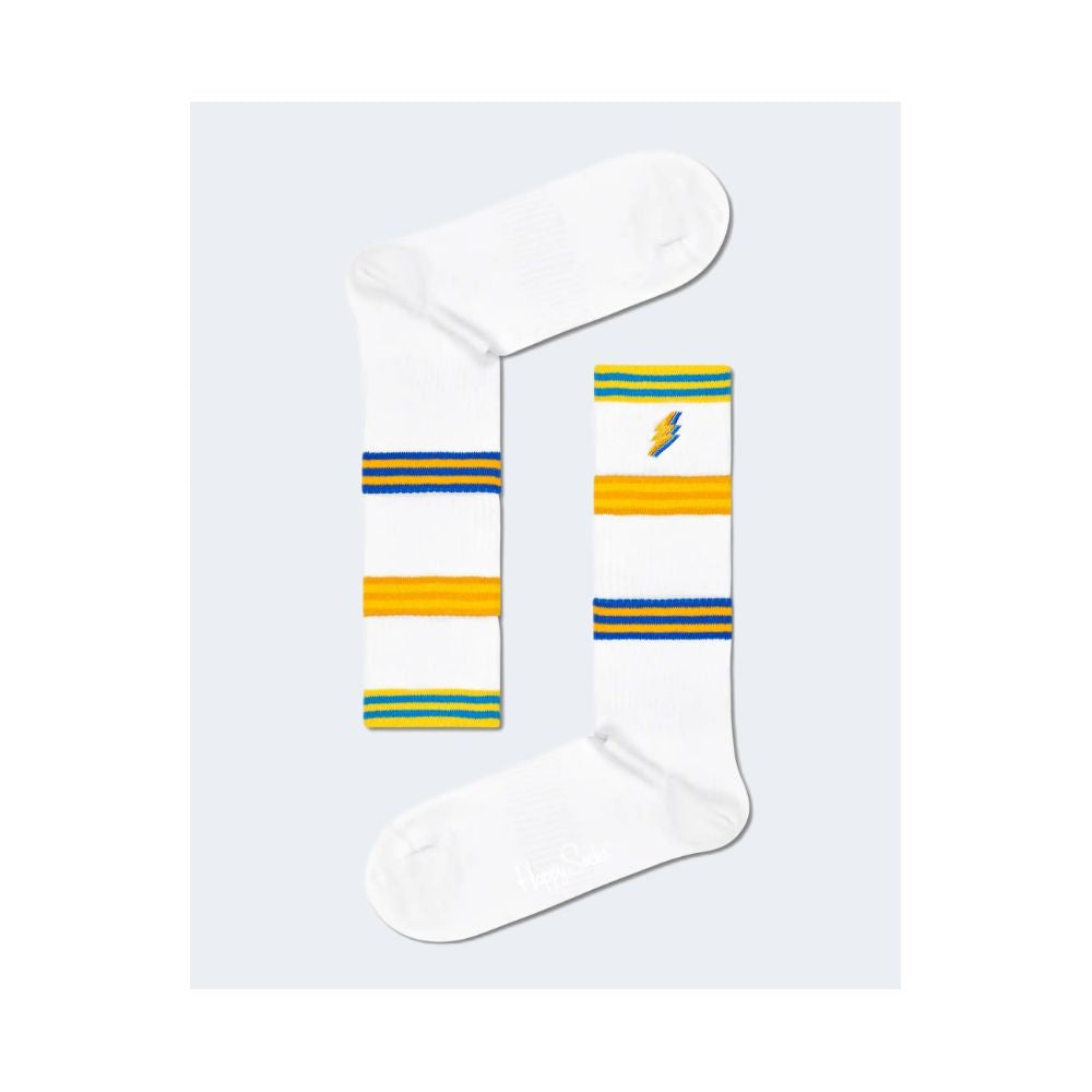 Happy Socks White Cotton Socks with colorful striped cuffs and lightning bolt design, women's stylish and breathable crew socks.