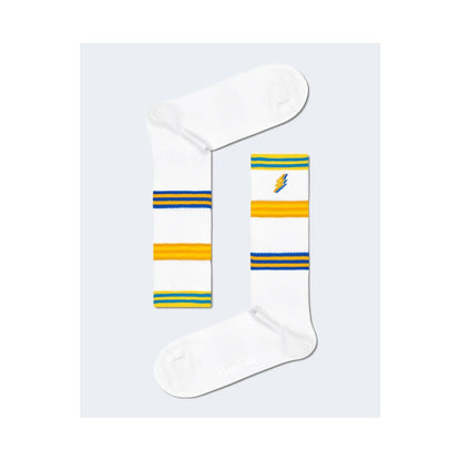 Happy Socks White Cotton Socks with colorful striped cuffs and lightning bolt design, women's stylish and breathable crew socks.