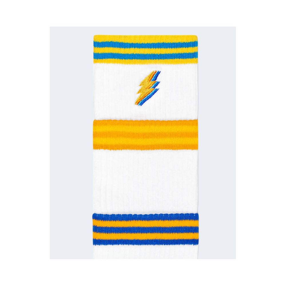 Happy Socks White Cotton Socks with colorful striped elastic and lightning bolt detail.