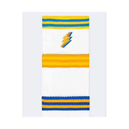 Happy Socks White Cotton Socks with colorful striped elastic and lightning bolt detail.