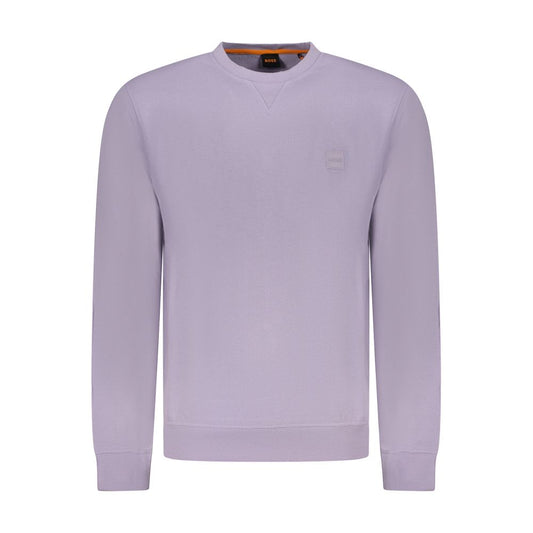 Hugo Boss Purple Cotton Men Sweater featuring long sleeves and crew neck, showcasing elegance and comfort with logo embroidery details.