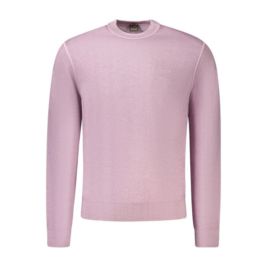Hugo Boss Purple Wool Men Sweater with long sleeves and embroidered logo, offering a luxurious and sophisticated style for trendsetters.