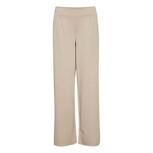 ICHI Beige Recycled Polyurethane Casual Pants with wide leg silhouette and elastic waistband for comfort and style.