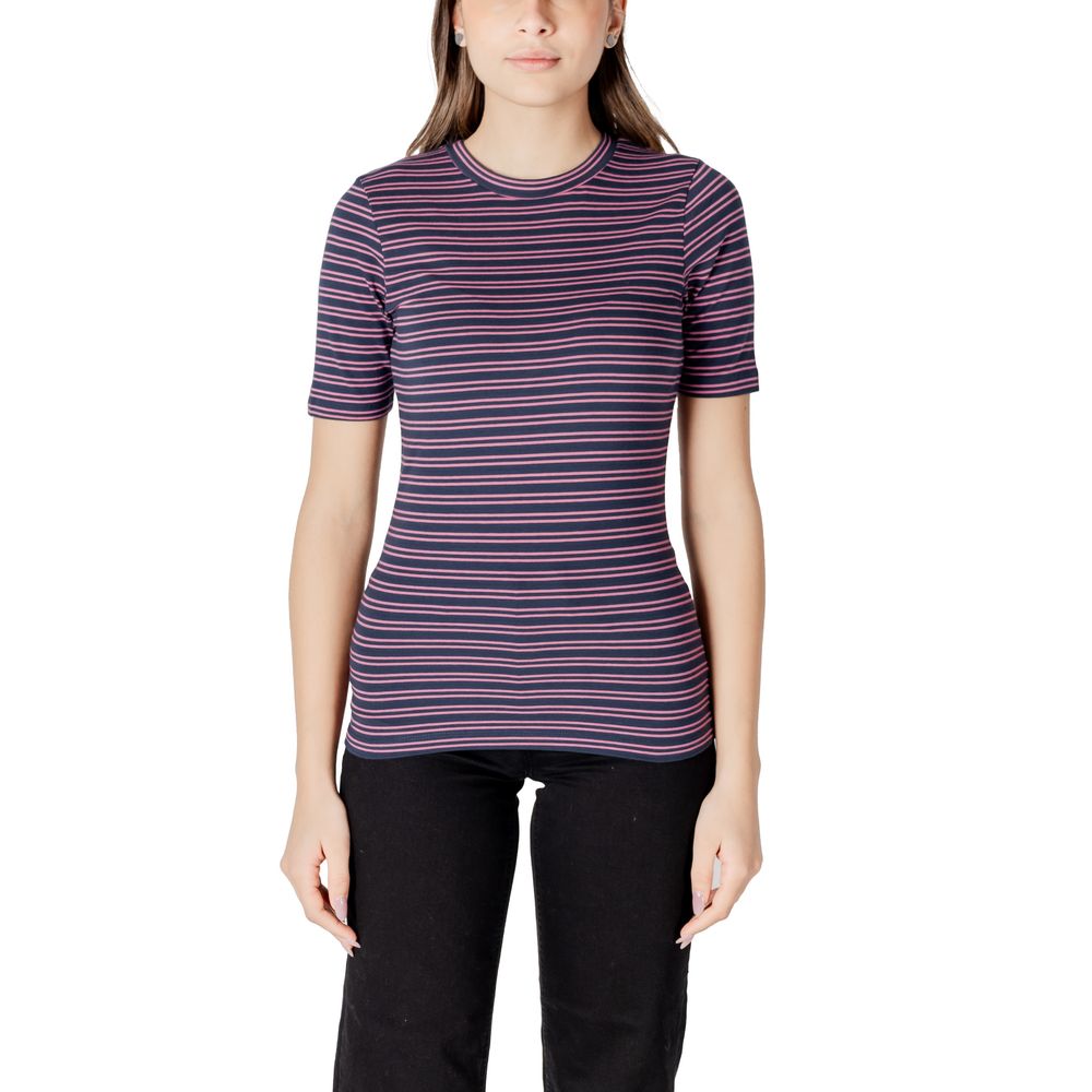 ICHI Bicolor Cotton T-Shirt with horizontal stripes, short-sleeve, crew neckline, worn by woman