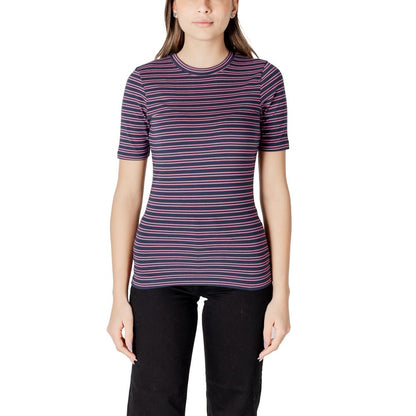 ICHI Bicolor Cotton T-Shirt with horizontal stripes, short-sleeve, crew neckline, worn by woman