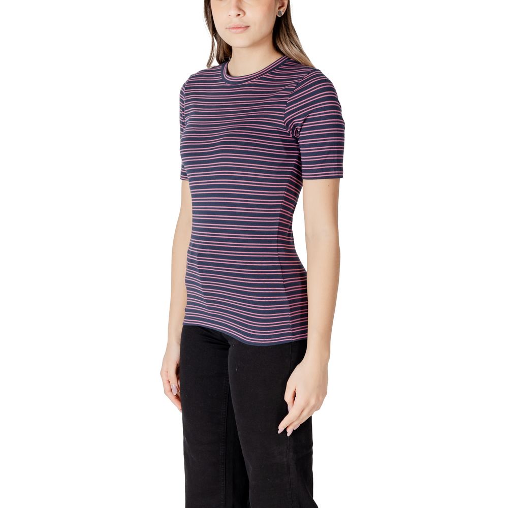 Woman wearing ICHI Bicolor Cotton T-Shirt with horizontal stripes and short sleeves, showcasing a casual yet elegant style.