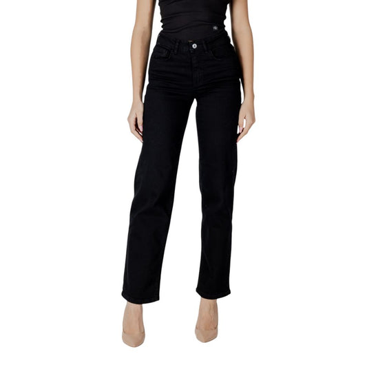 ICHI Black Cotton Relaxed Fit Jeans for women with wide-leg and stretchy fit, offering contemporary and comfortable style.
