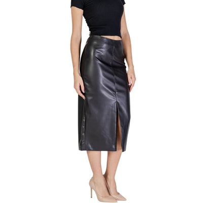 ICHI Black Polyester Long Skirt with leather-effect finish, high-waisted design, and front slit for a modern, elegant look.