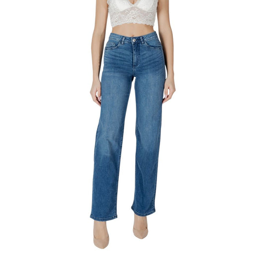 ICHI Blue Cotton Relaxed Fit Jeans wide-leg design for women, featuring a straight, modern cut, perfect for casual and refined styles.