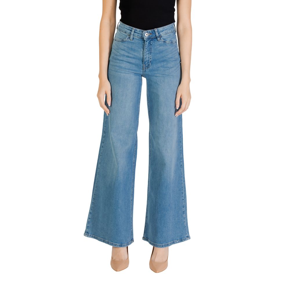 ICHI Light Blue Cotton Bootcut Jeans on model showcasing wide leg and regular waist design