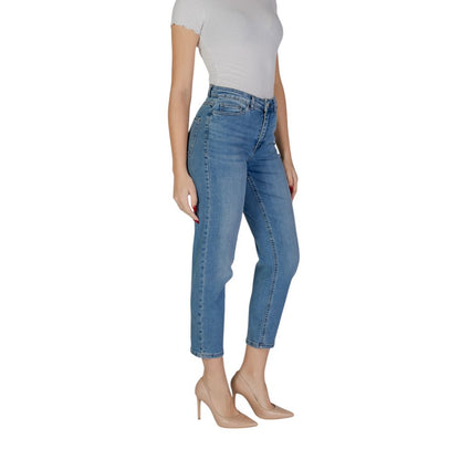 ICHI Light Blue Cotton Mom Jeans with high waist and straight leg fit, featuring soft and stretchy fabric for comfort and style.