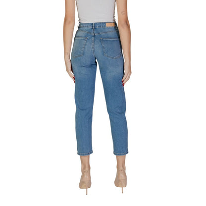 Back view of ICHI Light Blue Cotton Mom Jeans with high waist and straight leg, showcasing modern style and comfort.