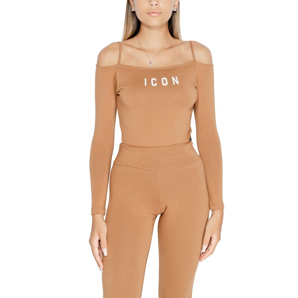 Woman wearing Icon Brown Cotton Bodysuit with off-the-shoulder design showcasing modern style and versatility for various occasions.