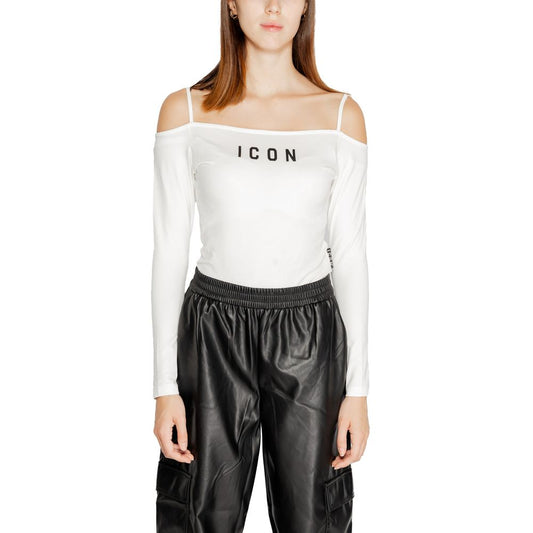 Icon White Cotton Bodysuit with off-shoulder design and black lettering paired with cargo pants