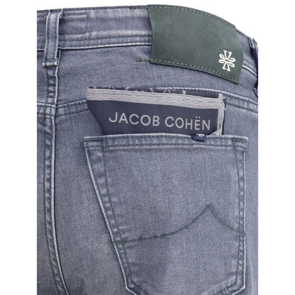 Rear pocket detail of Jacob Cohen Gray Cotton Slim Fit Jeans with label visible, highlighting Italian craftsmanship and tailored design.