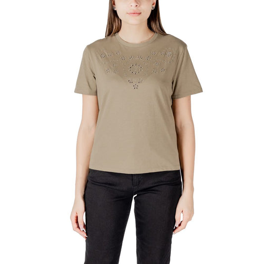 Jacqueline De Yong Green Cotton T-Shirt with broderie anglaise embroidery, perfect for a stylish summer look featuring 100% cotton material.