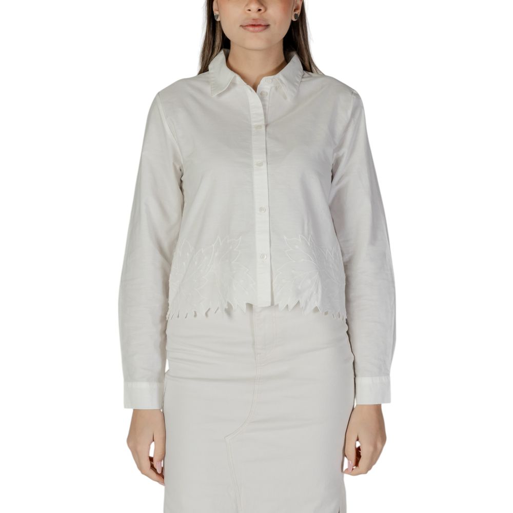 Jacqueline De Yong White Cotton Blouse with floral embroidery, long sleeves, and classic collar, perfect for elegant and contemporary style.