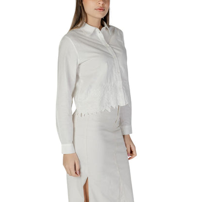 Jacqueline De Yong White Cotton Blouse with floral embroidery and classic collar