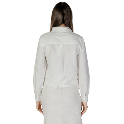 Back view of Jacqueline De Yong White Cotton Blouse with floral embroidery and buttoned long sleeves for women.