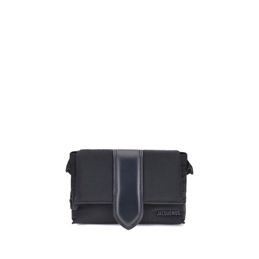 Jacquemus Black Nylon Handbag with leather handle and magnetic flap, showcasing modern messenger style.