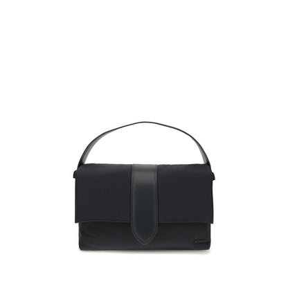 Jacquemus Black Nylon Shoulder Bag with leather handle and magnetic flap, featuring adjustable and removable grosgrain shoulder strap for versatility.