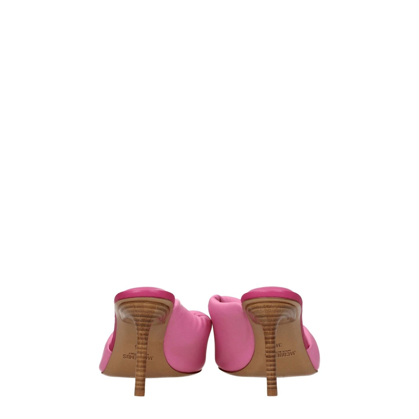 Jacquemus Pink Leather Stiletto Heel Sandals with open toe and mid heels, showcasing a stylish back view.