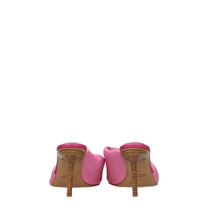 Jacquemus Pink Leather Stiletto Heel Sandals with open toe and mid heels, showcasing a stylish back view.
