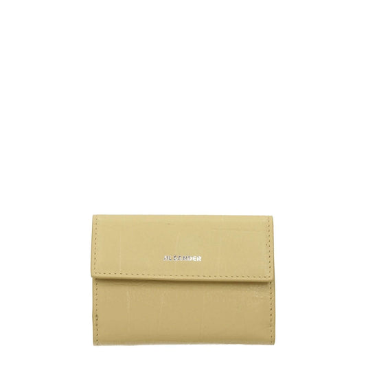 Jil Sander Yellow Leather Wallet with crocodile print design, featuring button closure, front logo, coin holder, and multiple card slots.