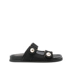 Jimmy Choo Fayence Sandal Low leather sandals with pearls, black rubber sole, double straps, faux pearl embellishments, and gold-tone hardware.