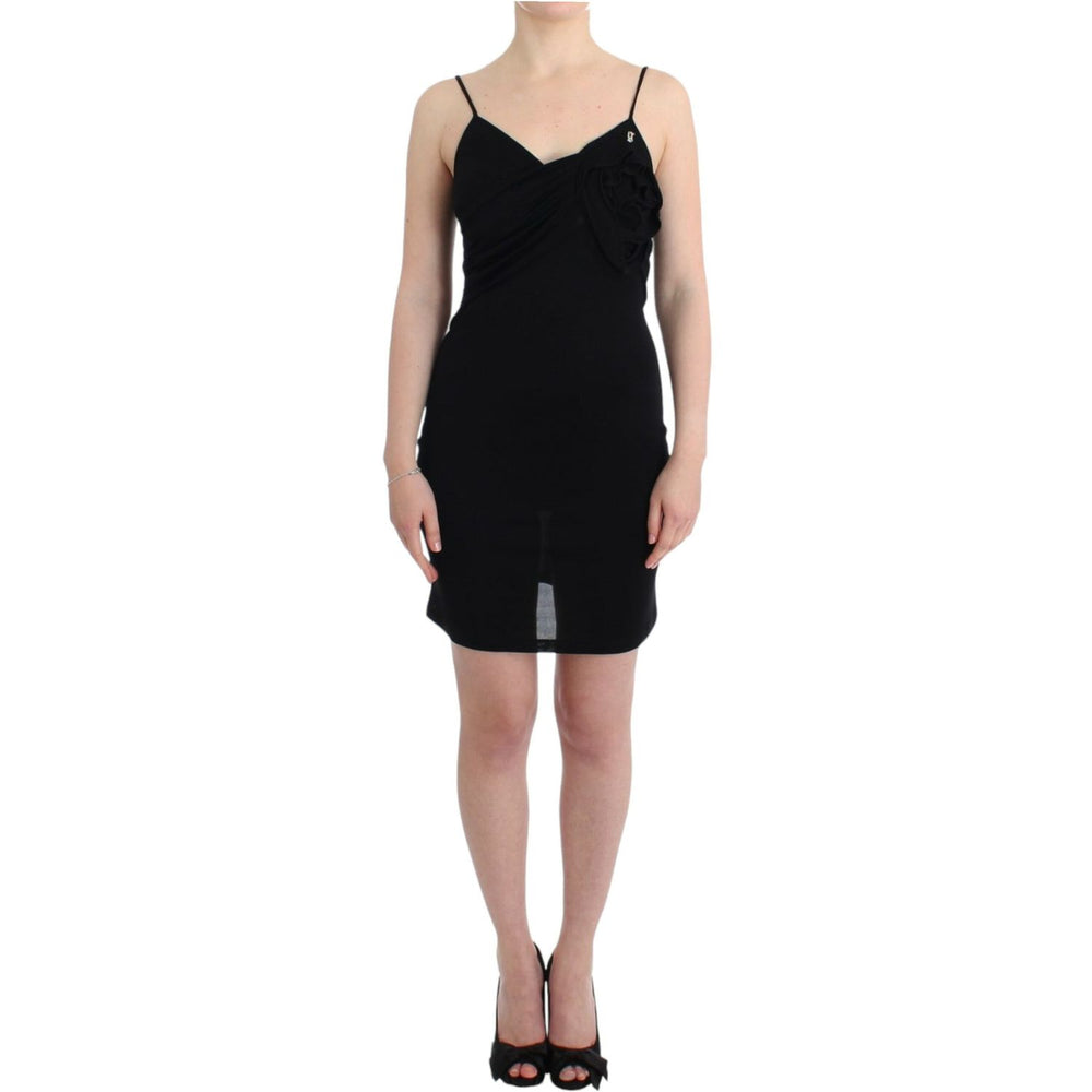 John Galliano Black cocktail dress, spaghetti straps, knee-length, 100% viscose, new with tags, perfect for elegant occasions.