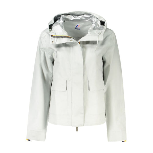 K-WAY Gray Linen Women Jacket with hood showcasing stylish design and functionality, featuring logo, pockets, button and zip closure.