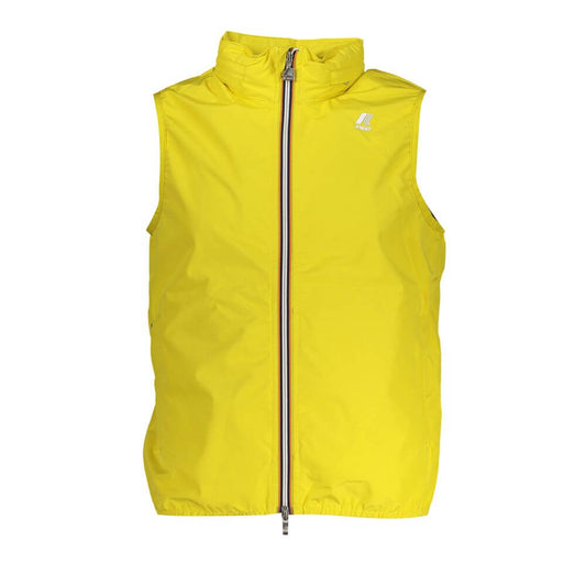 K-WAY Yellow Polyester Men Jacket with removable hood and dual pockets for style and functionality.