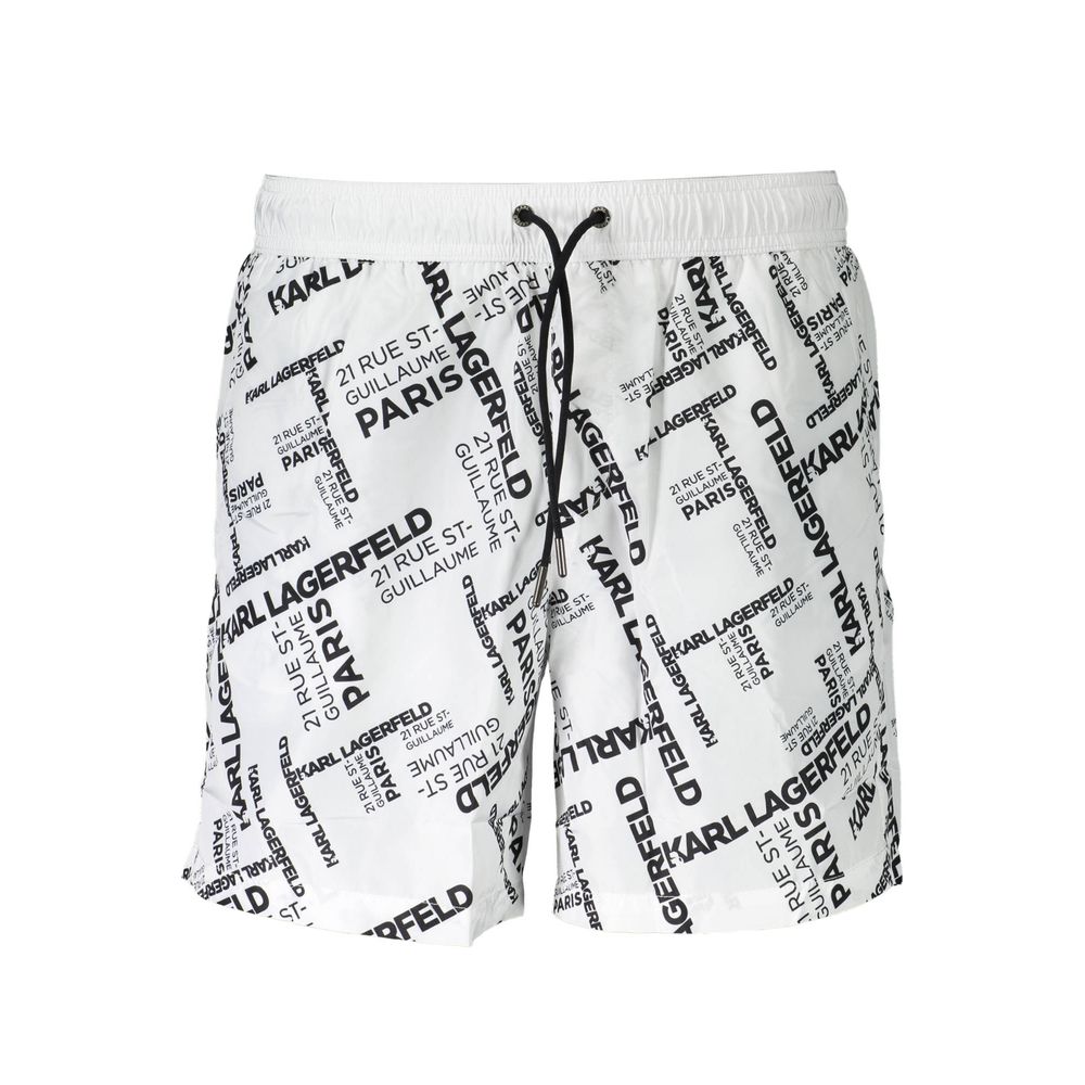 Karl Lagerfeld White Polyester Swimwear with logo print, medium swim boxer with two pockets, back pocket, inside slip, and laces.