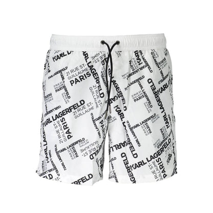 Karl Lagerfeld White Polyester Swimwear with logo print, medium swim boxer with two pockets, back pocket, inside slip, and laces.