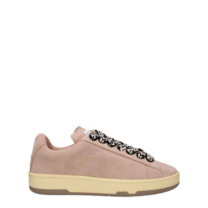 Lanvin Pink Leather Low Top Sneakers with logos, aged and vintage effects, lace-up closure, suede material, and flat rubber sole.