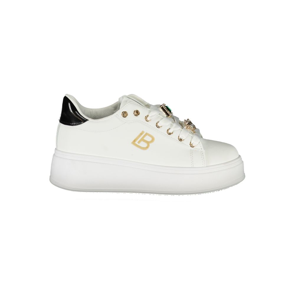 Laura Biagiotti White Synthetic Women Sneaker with rhinestones and wedge heel, perfect for a sporty chic look.