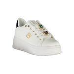 Laura Biagiotti White Synthetic Women Sneaker with wedge heel and decorative rhinestones for stylish comfort.