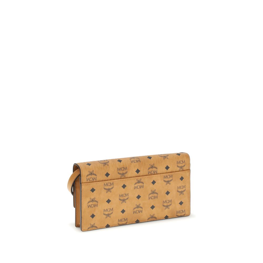 MCM Beige Fabric Wallet with Visetos pattern, removable leather strap, metallic logo detail, and magnetic button closure.