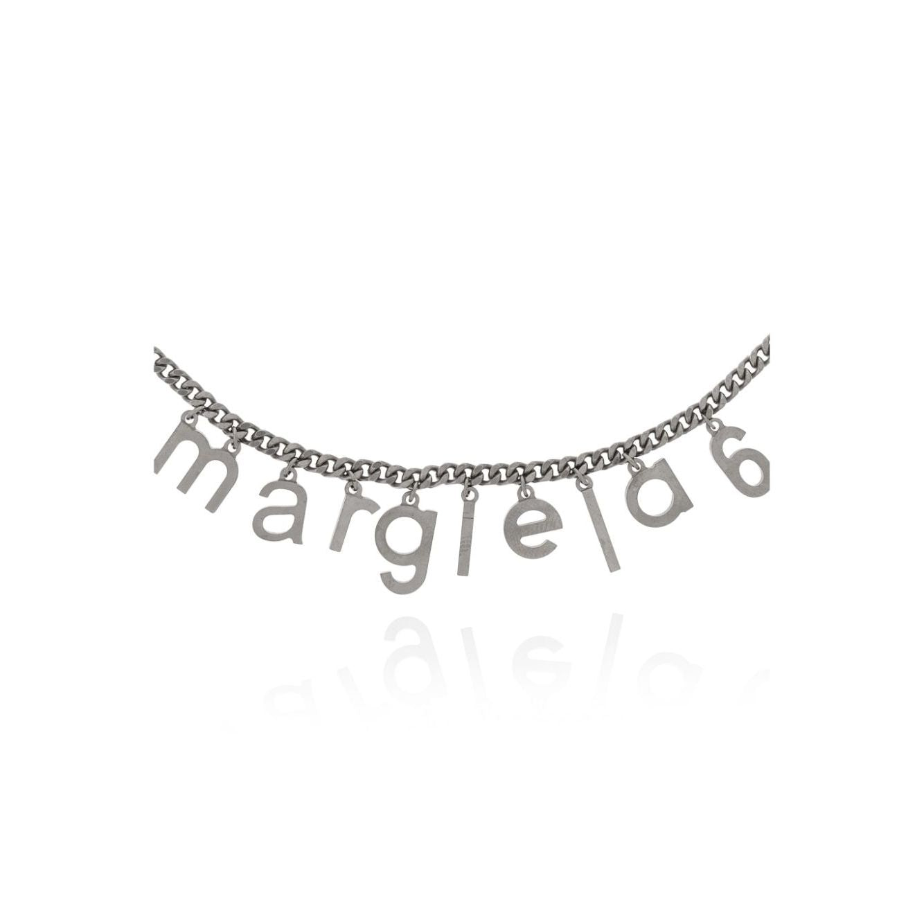 MM6 Maison Margiela logo-lettering necklace with silver-tone pendant and curb chain.