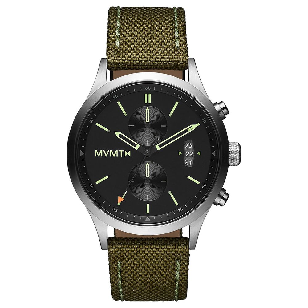 MVMT Green Fabric Dress Watch with black dial, grey stainless steel case, and green fabric strap, featuring quartz analog display.