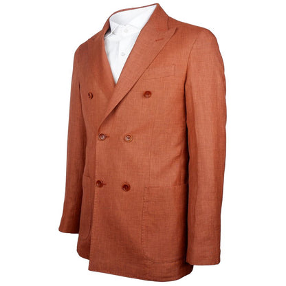 Made in Italy Brown Linen Blazer with Loro Piana Fabric, rust-colored, double-breasted, peaked lapels, and front pockets.