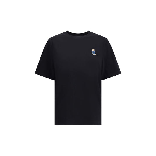 Maison Kitsuné Black Cotton T-Shirt with embroidered dressed fox patch on the front, featuring a ribbed crew neck, regular fit.