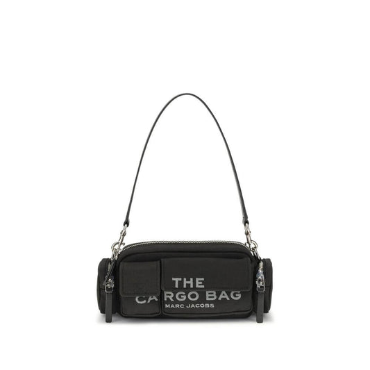 Marc Jacobs Black Canvas Shoulder Bag with exterior pockets and leather straps, embroidered logo, AW25 collection.