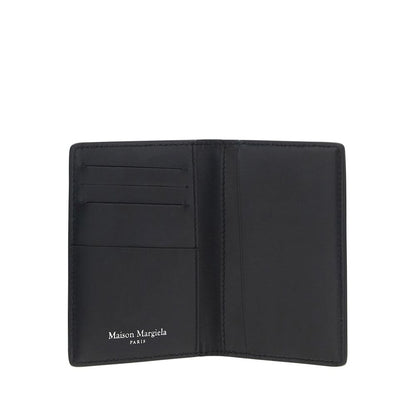 Margiela Black Calf Leather Bos Taurus Wallet showing internal card slots and brand signature embossing, made in Italy.