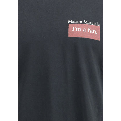 Margiela Black Cotton T-Shirt featuring Maison Margiela logo and 'I'm a fan' text displayed on the front.