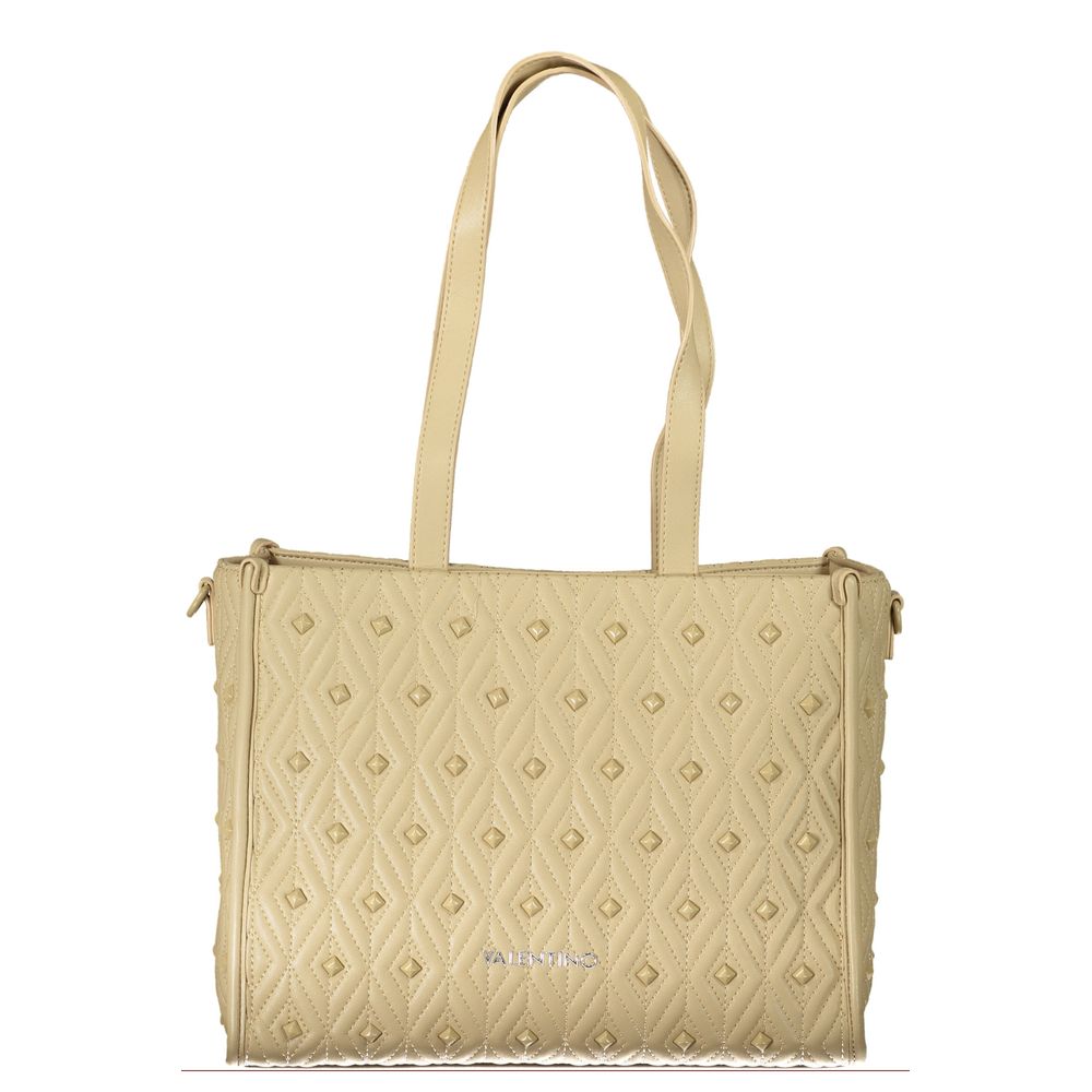 Mario Valentino Beige Polyester Handbag with shoulder handles and zip closure, featuring logo and internal pockets.