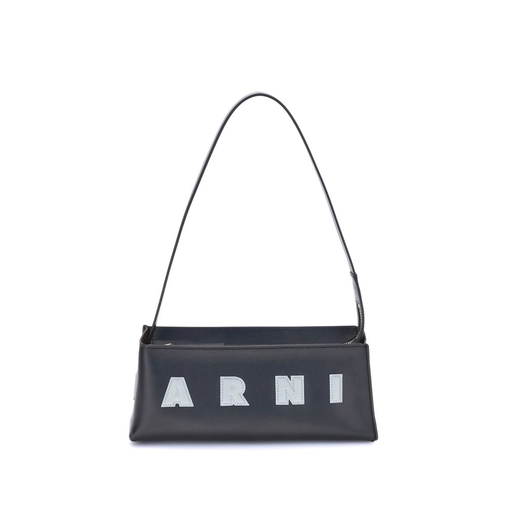 Marni Black Calf Leather Bos Taurus Shoulder Bag with logo and zipper closure, essential design, perfect for contemporary style.